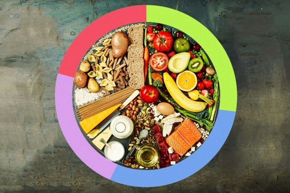 Fresh vegetables and grains arranged for meal preparation